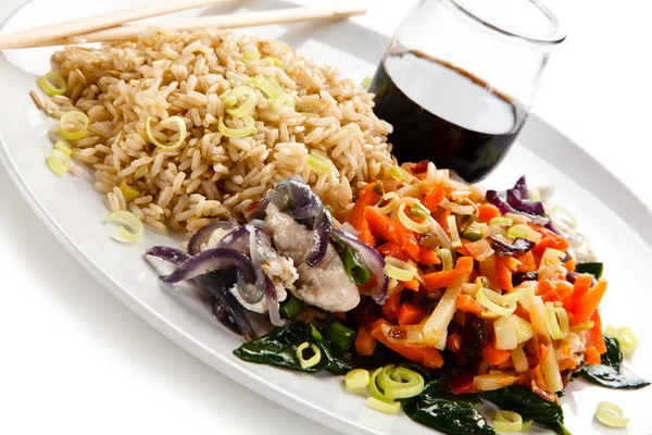 Asian Dish Rice Spcy Vegetables Soy Sauce — 图库照片