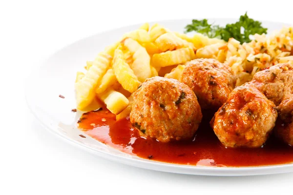 Meatballs Cabbage Wavy French Fries — Stock Photo, Image