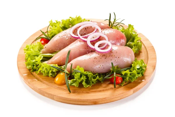 Raw Chicken Fillets Served Veggies Wooden Board — 图库照片