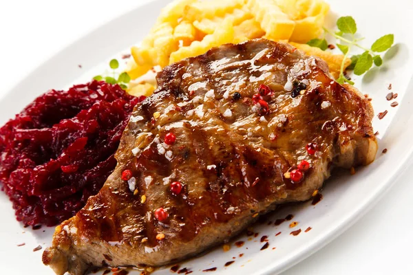 Pork Steak Served Beetroot Salad French Fries — Stock Photo, Image