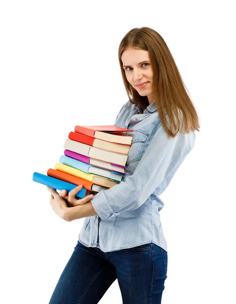 Mujer Posando Con Libros Sobre Fondo Espacio Copia Blanca — Foto de Stock