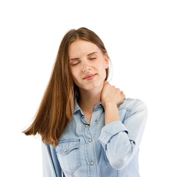 Woman Massaging Neck Feeling Pain — Stock Photo, Image