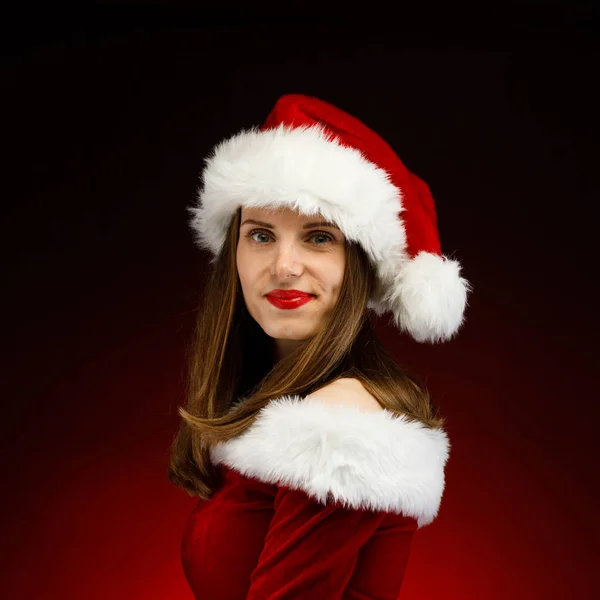 Femme Santa Chapeau Posant Studio — Photo