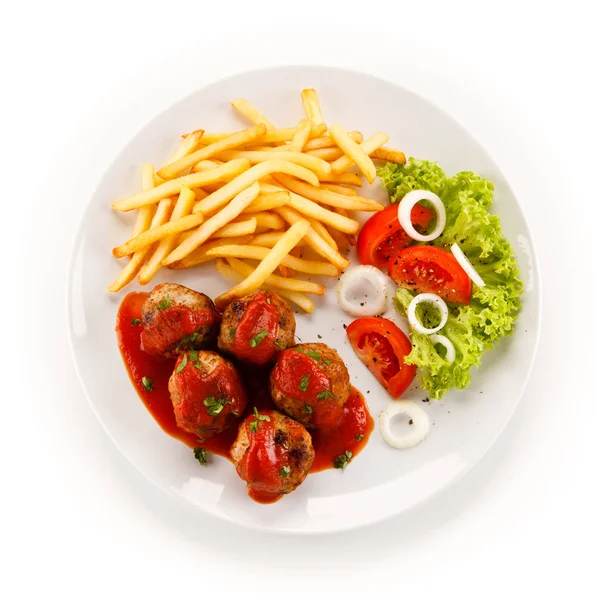 Stewed Meatballs Tomato Sauce French Fries Salad — Stock Photo, Image