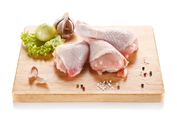 Raw Chicken Drumsticks Spices Wooden Board — Stock Photo, Image