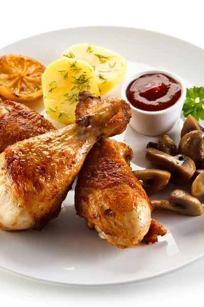 Chicken Drumsticks Mushrooms Potatoes Bbq Sauce — Stock Photo, Image