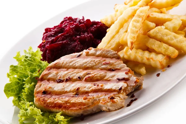 Grilled Pork Steak Beetroot Salad French Fries — Stock Photo, Image