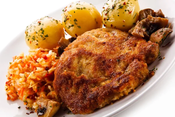 Fried Pork Boiled Potatoes Mushrooms Cabbage Salad — Stock Photo, Image