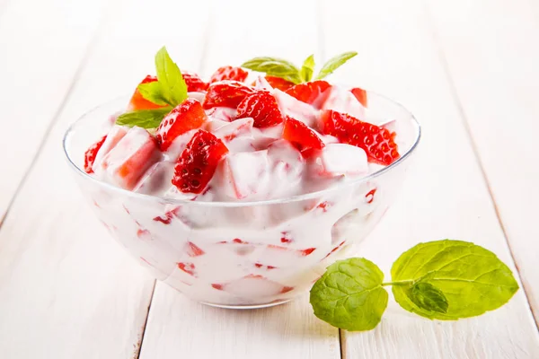 Chopped Strawberries Sour Cream Bowl — Stock Photo, Image