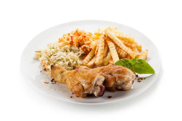 Chicken Drumsticks French Fries Cabbage Salad — Stock Photo, Image