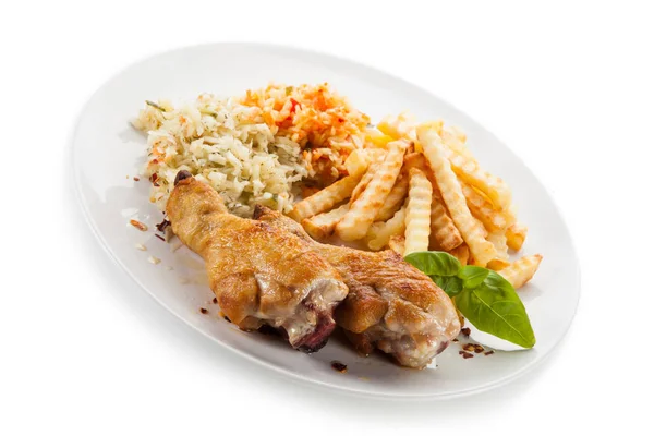 Chicken Drumsticks French Fries Cabbage Salad — Stock Photo, Image