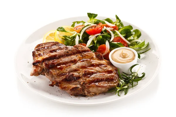 Grilovaný Vepřový Steak Salátem Hořčicí — Stock fotografie