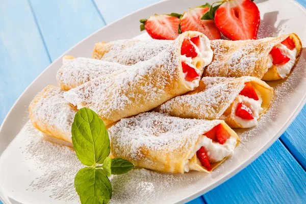 Sweet Crepes Strawberries Sour Cream Royalty Free Stock Images