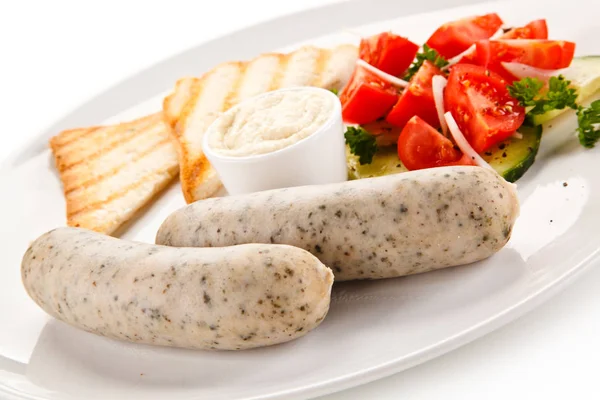 Sausages Vegetables Sauce Bread — Stock Photo, Image