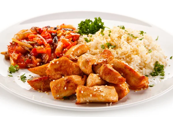 Pikantes Gericht Asiatischen Stil Mit Reis Huhn Und Gemüse — Stockfoto