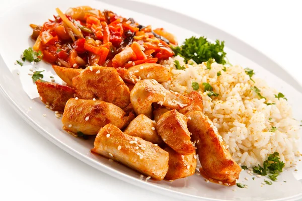 Plat Épicé Style Asiatique Avec Riz Poulet Légumes — Photo