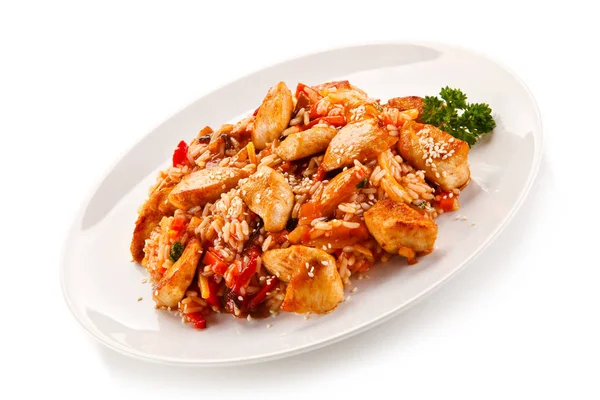 Kryddig Rätt Asiatisk Stil Med Ris Kyckling Och Grönsaker — Stockfoto