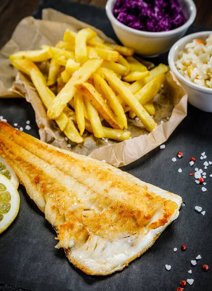 French Fries Fried Fish Sliced Lemon — Stock Photo, Image