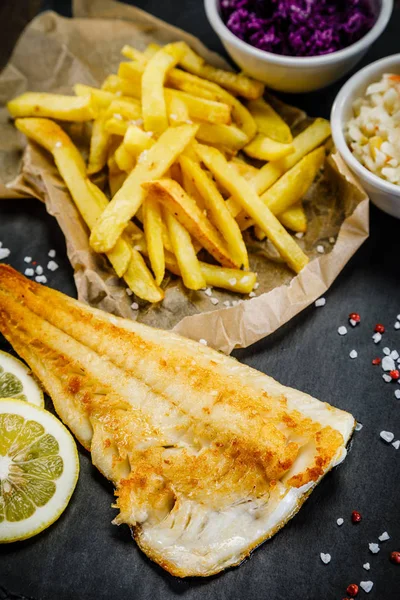 French Fries Fried Fish Sliced Lemon — Stock Photo, Image