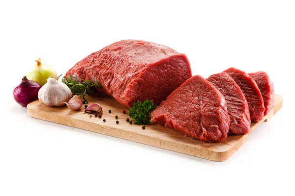 Carne Affettata Con Spezie Tavola Legno — Foto Stock