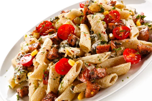 Pasta Ham Cherry Tomatoes Herbs — Stock Photo, Image