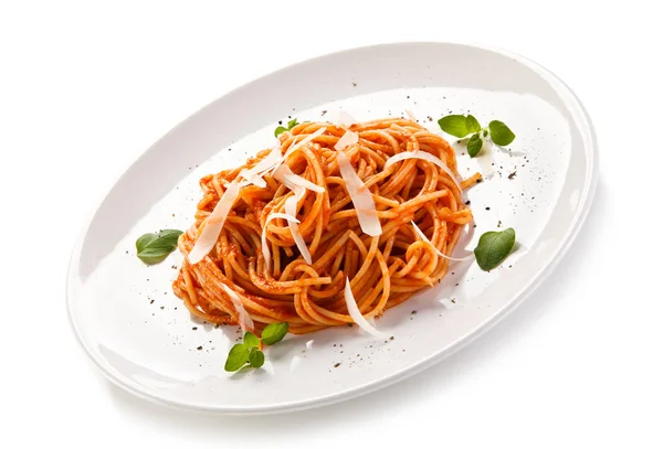 Pasta Met Tomatensaus Parmezaanse Kaas Basilicumbladeren — Stockfoto