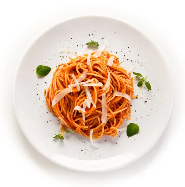 Pasta Met Tomatensaus Parmezaanse Kaas Basilicumbladeren — Stockfoto