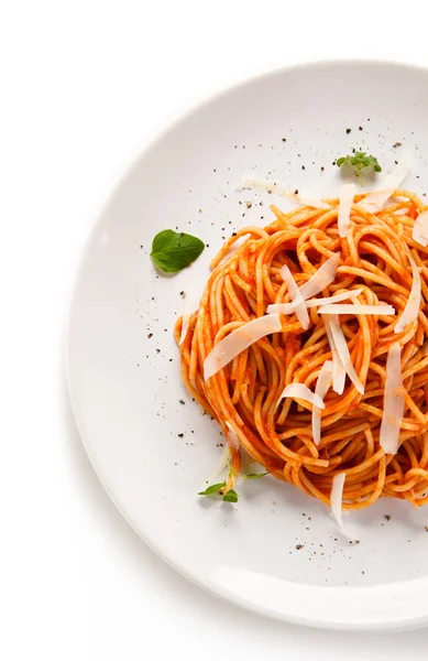 Pasta Met Tomatensaus Parmezaanse Kaas Basilicumbladeren — Stockfoto