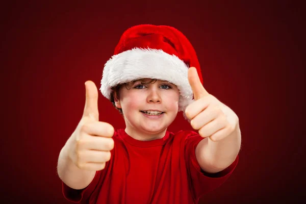Cute Boy Santa Hat Red Background — Stock Photo, Image