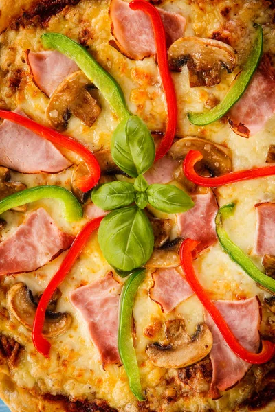Pizza Ham Vegetables Served Blue Wooden Table — Stock Photo, Image
