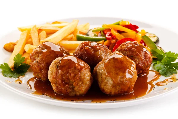 Stewed Meatballs Sauce French Fries Vegetables — Stock Photo, Image
