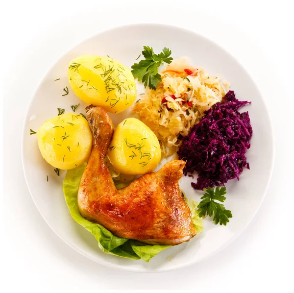 Baked Chicken Leg Boiled Potatoes Cabbage Salads — Stock Photo, Image