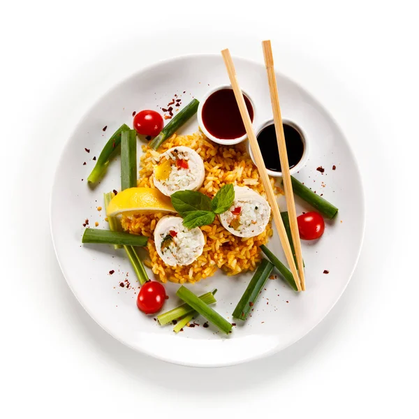 Chicken Rolls Asian Spicy Rice Vegetables Soy Sauce Chopsticks — Stock Photo, Image