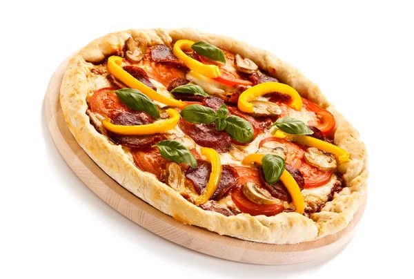 Pizza Salami Vegetables Wooden Board — Stock Photo, Image