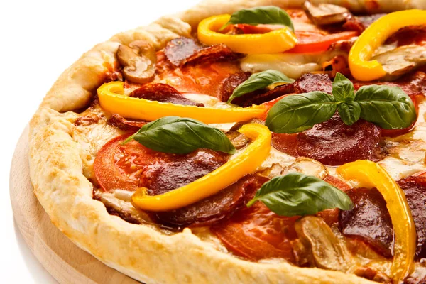 Pizza Salami Vegetables Wooden Board — Stock Photo, Image