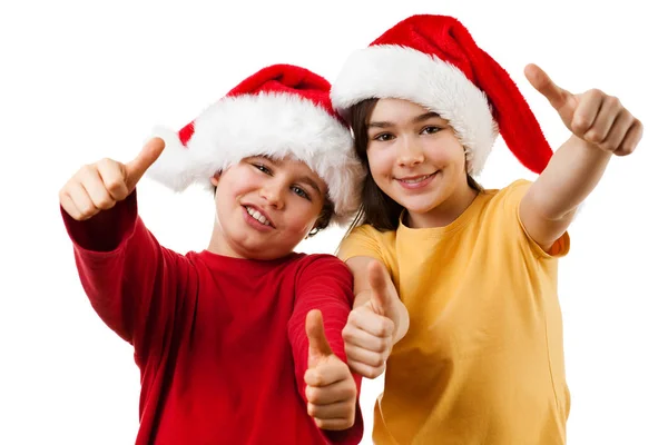 Kids Santa Hats Smiling Showing Thumbs White Background — Stock Photo, Image