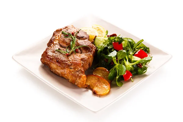 Fried Pork Steak Mixed Vegetables Herbs — 스톡 사진