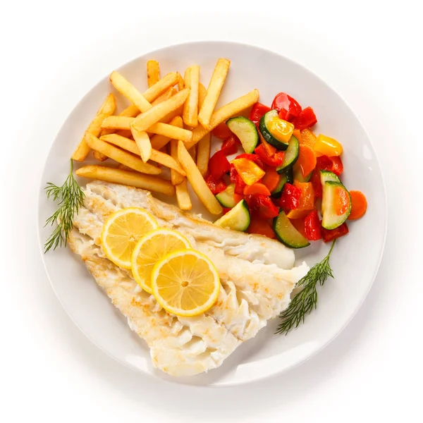 Fish Served French Fries Vegetables Plate — Stock Photo, Image