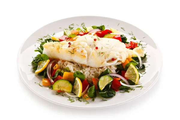 Fish Served Vegetables Rice — Stock Photo, Image