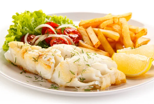 Fish Served French Fries Vegetables Plate — 스톡 사진