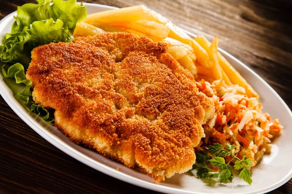 Huge Breaded Meat Schnitzel French Fries Salad — Stock Photo, Image