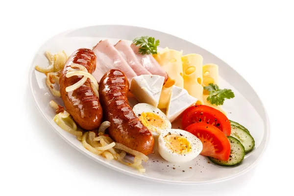 Fried Sausages Sliced Ham Cheese Eggs Vegetables — Stock Photo, Image