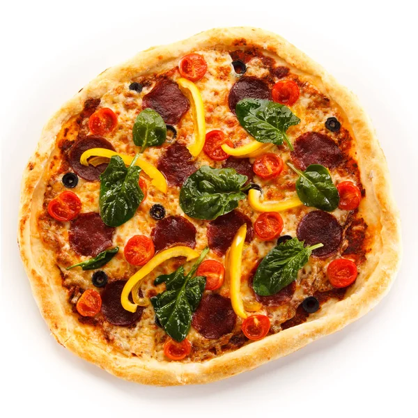 Pizza Salami Vegetables Isolated White Background — Stock Photo, Image