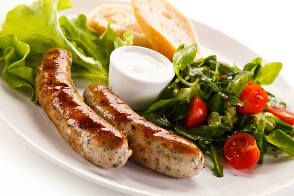 Fried Sausages Fresh Vegetables Bread Sauce — 스톡 사진