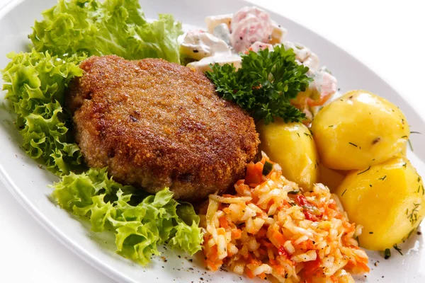 Breaded Cutlet Boiled Potatoes Salads Plate — Stock Photo, Image