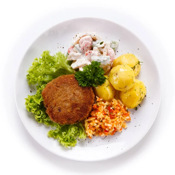 Breaded Cutlet Boiled Potatoes Salads Plate — Stock Photo, Image