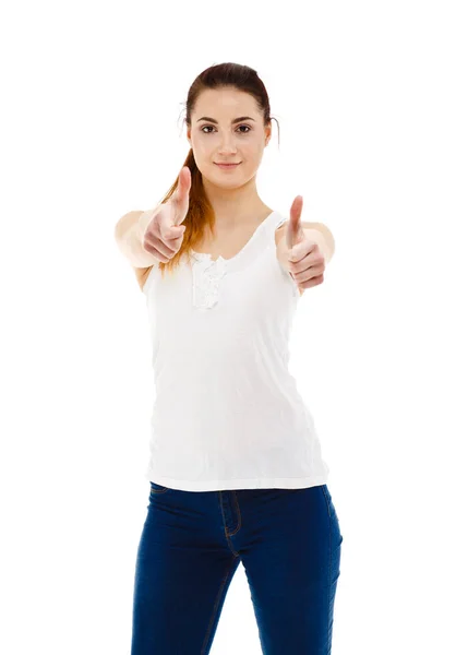 Mulher Bonita Com Maquiagem Natural Posando Gesto Isolado Fundo Branco — Fotografia de Stock