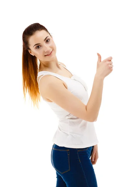Pretty Woman Natural Makeup Posing Gesturing Isolated White Background — 스톡 사진