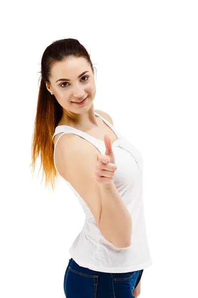 Pretty Woman Natural Makeup Posing Gesturing Isolated White Background — Stock Photo, Image