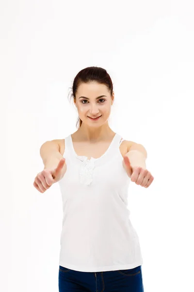 Mooie Vrouw Met Natuurlijke Make Poseren Gebaar Geïsoleerd Witte Achtergrond — Stockfoto